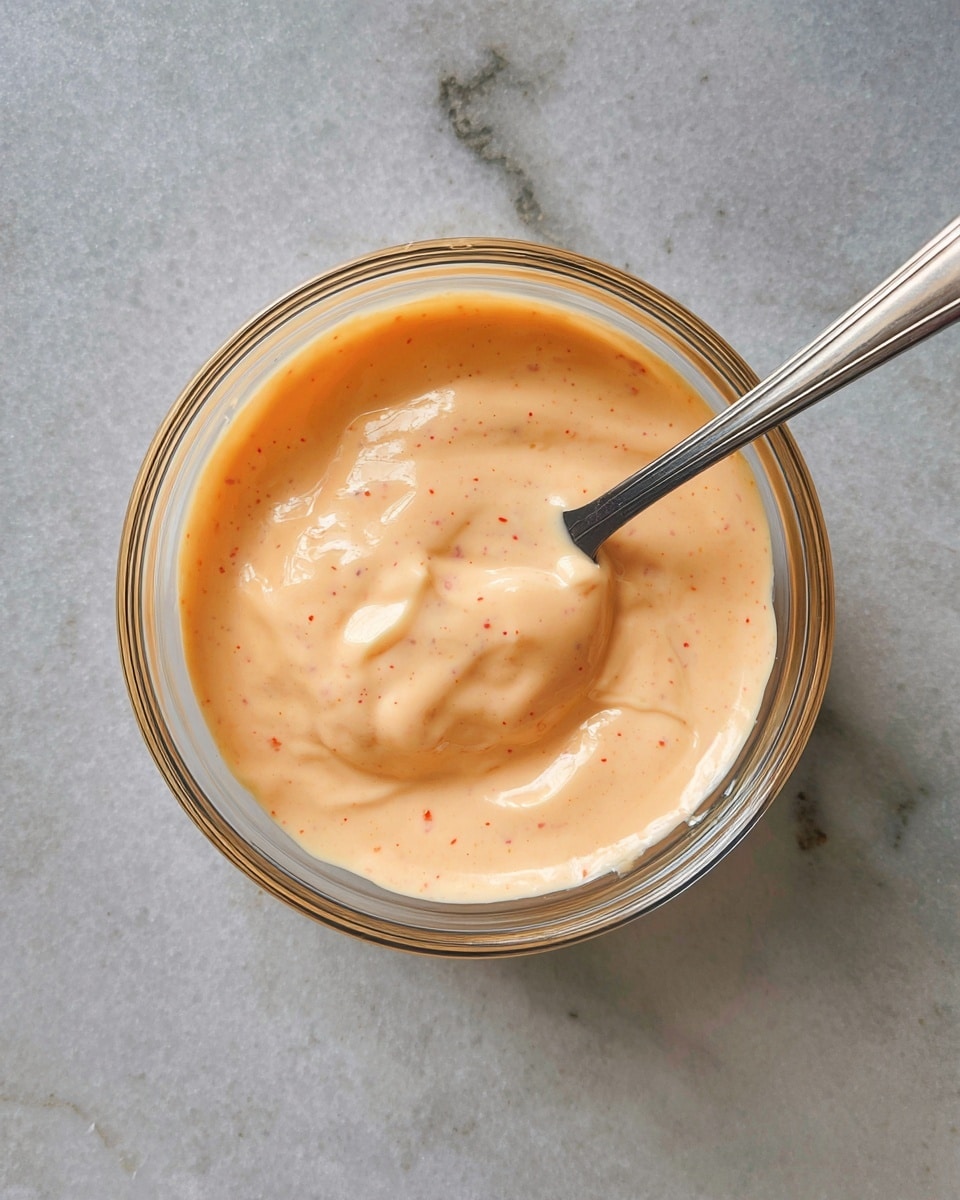 A small clear glass bowl filled with one thick layer of creamy sauce that is light orange with tiny red specks, and a silver spoon resting inside the sauce at the bowl’s right edge. The bowl is placed on a white marbled surface. photo taken with an iphone --ar 4:5 --v 7