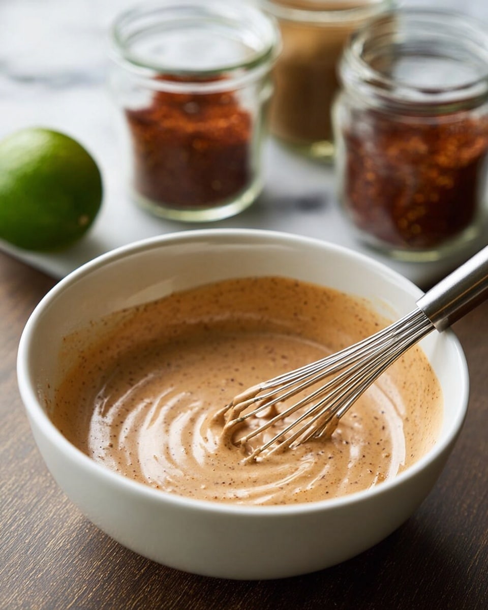 A white bowl holds a creamy sauce with a smooth, slightly thick texture, light peach color with specks of darker spices mixed in. A metal whisk is partially dipped into the sauce, creating soft swirls on the surface. Around the bowl on a white marbled textured surface, there are two halved limes showing their juicy, pale green interior, one whole green lime, and two small glass jars filled with red and brown powdered spices. Photo taken with an iphone --ar 4:5 --v 7
