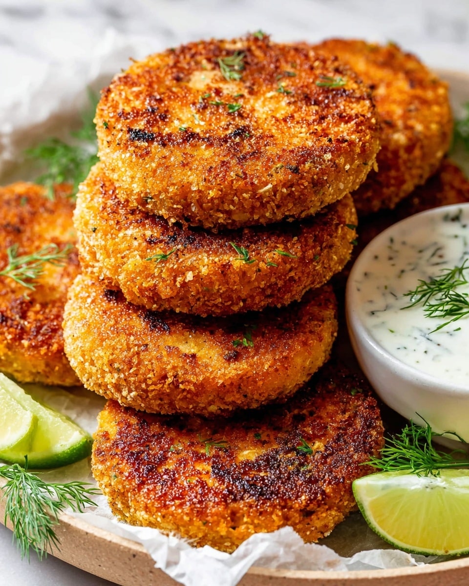 The image shows five golden brown, crispy patties stacked on a white plate lined with parchment paper, each patty featuring a crunchy textured surface with some darker browned spots. Near the top right side of the plate, there is a small white bowl filled with a creamy white sauce speckled with green herbs, while on the bottom left and bottom right edges of the plate, there are fresh green lime wedges and sprigs of dill, adding a pop of color. The background is a white marbled texture, making the warm colors of the patties and the green garnishes stand out. Photo taken with an iphone --ar 4:5 --v 7