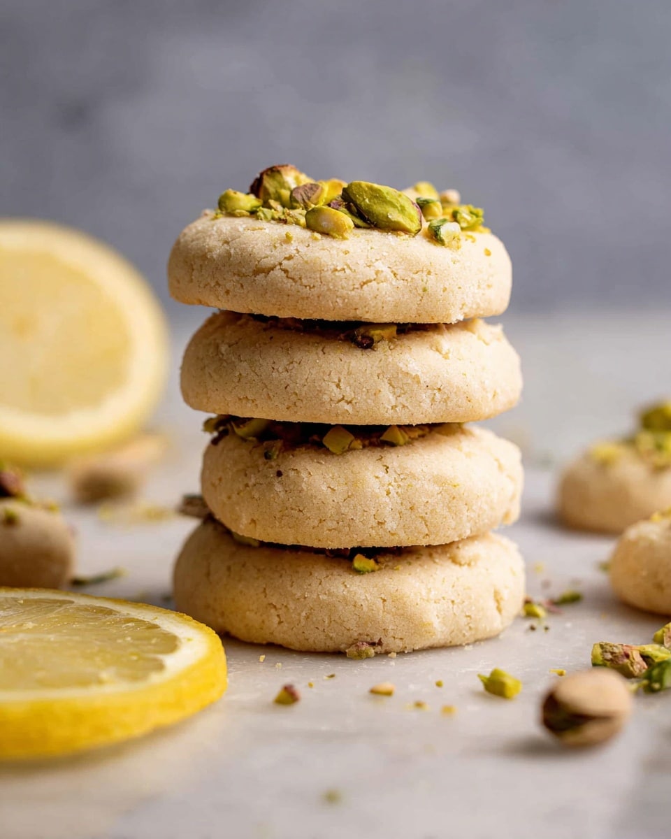 A stack of four round, light beige cookies with a slightly cracked texture is placed on a white marbled surface. The top cookie is sprinkled with chopped green pistachios. Around the stack, there are scattered whole pistachios and additional cookies lying flat on the surface. In the foreground, two lemon slices rest beside the stack, showing a bright yellow color and juicy texture. The background is soft and blurred with a subtle light gray color. photo taken with an iphone --ar 4:5 --v 7