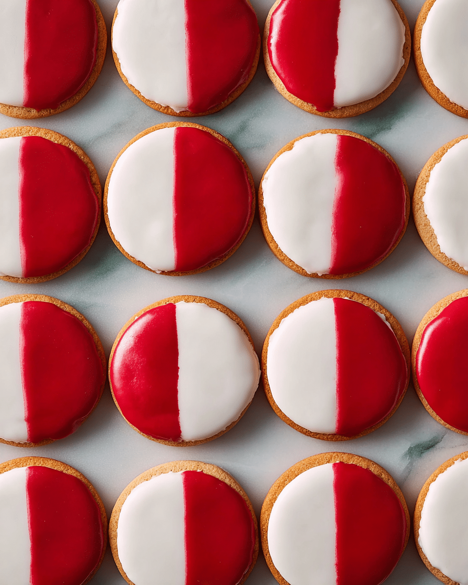 There are twelve round cookies laid out in a grid on a white marbled surface, each cookie having two smooth layers of icing divided vertically. One half of each cookie has shiny, smooth white icing and the other half has glossy, smooth red icing, creating a strong contrast. The cookies are evenly spaced and have a golden-brown base visible at the edges, showing a slight thickness. The icing covers the top surface fully except the thin outer ring at the base, and the colors alternate with some cookies having white on the left half and red on the right, and others the opposite. photo taken with an iphone --ar 4:5 --v 7