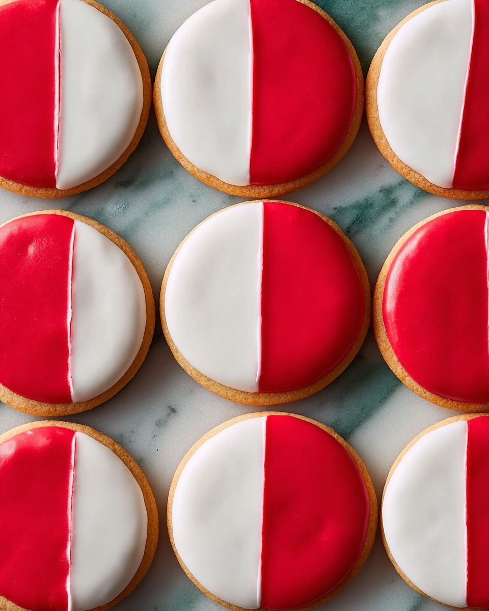 The image shows a group of round cookies arranged in four rows of four on a white marbled surface. Each cookie has a smooth, shiny icing layer split down the middle, with one half covered in bright red icing and the other half covered in white icing, creating a bold color contrast. The cookies have a light golden-brown edge visible around the icing, with a soft and even texture. The icing layers appear glossy and neatly applied, with a clean straight line where the two colors meet in the center. photo taken with an iphone --ar 4:5 --v 7