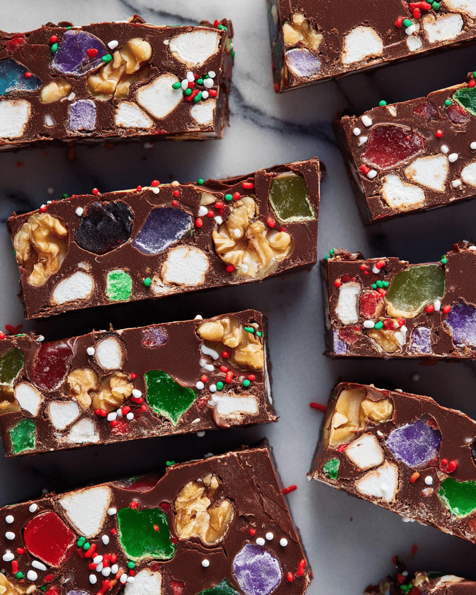 Several rectangular slices of a rocky road dessert are spread out on a white marbled surface. Each slice has a thick, smooth dark brown chocolate base layer filled with visible chunks of white marshmallows, light brown walnut pieces, green and red jelly candies, and purple jelly pieces. The edges of the slices are rough and uneven, showing the mix of ingredients inside. Some small colorful sprinkles are scattered on the top edges of the slices, adding red, white, and green dots to the top layer. The overall look is colorful and textured with a mix of soft and crunchy ingredients. photo taken with an iphone --ar 4:5 --v 7