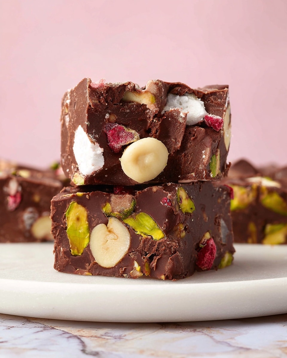 The image shows two pieces of chocolate fudge stacked on a white plate against a light pink background with a white marbled texture. Each fudge piece has a dark brown base with visible chunks of nuts and white marshmallow pieces embedded inside. The top piece has a large cream-colored nut on the surface and small red bits, while the bottom piece shows green pistachio nuts and white marshmallows clearly within the chocolate. The fudge looks rich and slightly glossy with a dense texture. Photo taken with an iphone --ar 4:5 --v 7