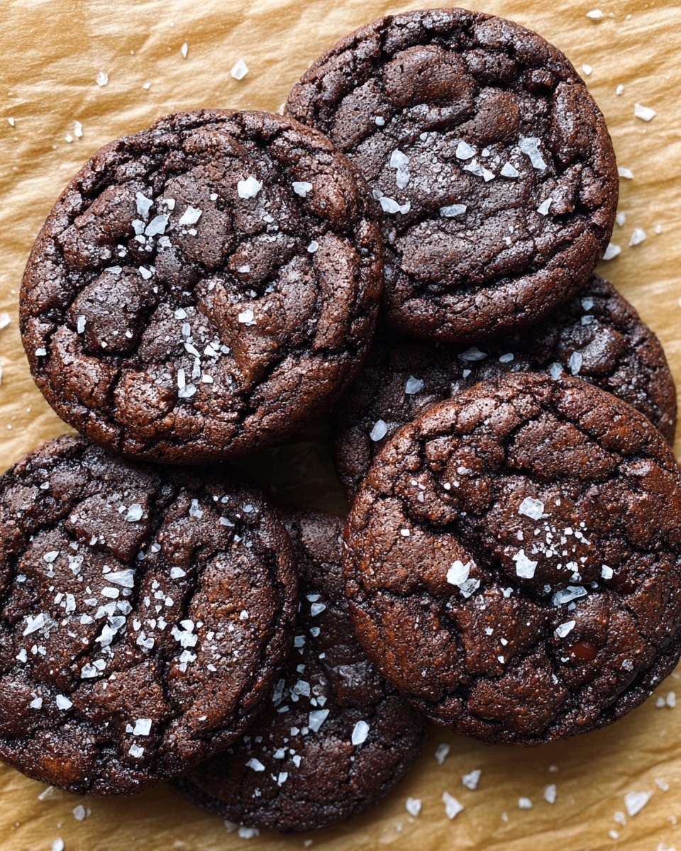 Several dark chocolate cookies with a cracked, slightly rough texture are close together on a sheet of light brown parchment paper, sprinkled with small chunks of flaky white salt on top, showing a contrast between the dark cookie surface and the salt crystals. The background is changed to a white marbled texture. photo taken with an iphone --ar 4:5 --v 7