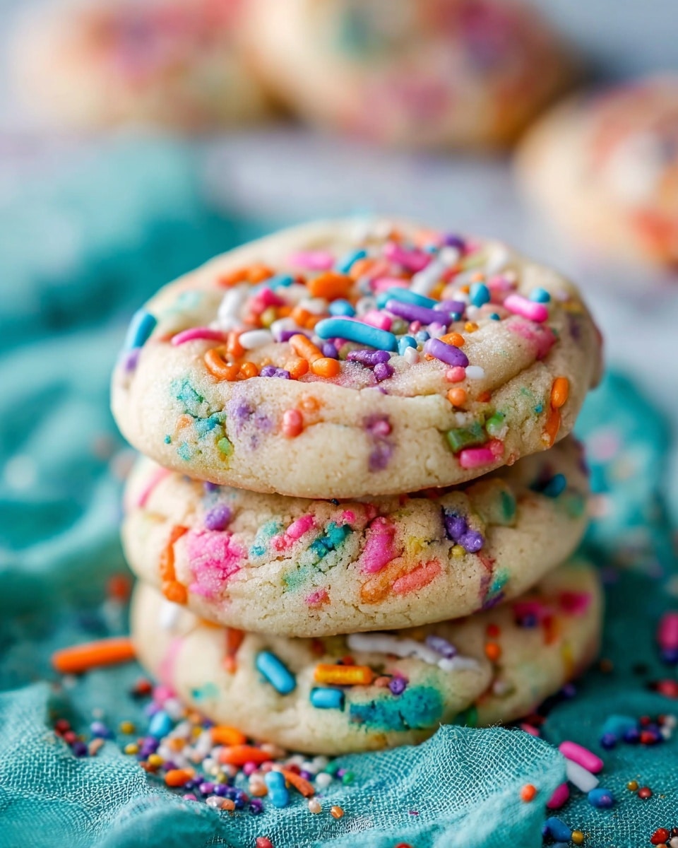 A close-up of a stack of three soft cookies with a light beige dough base, each cookie studded with colorful sprinkles in shades of pink, blue, orange, green, white, and purple. The top cookie is covered with sprinkles, showing a slightly cracked texture and soft edges. The stack is placed on a crinkled teal cloth, with scattered sprinkles around. In the background, there are blurred cookies with the same sprinkles, set against a white marbled texture. photo taken with an iphone --ar 4:5 --v 7