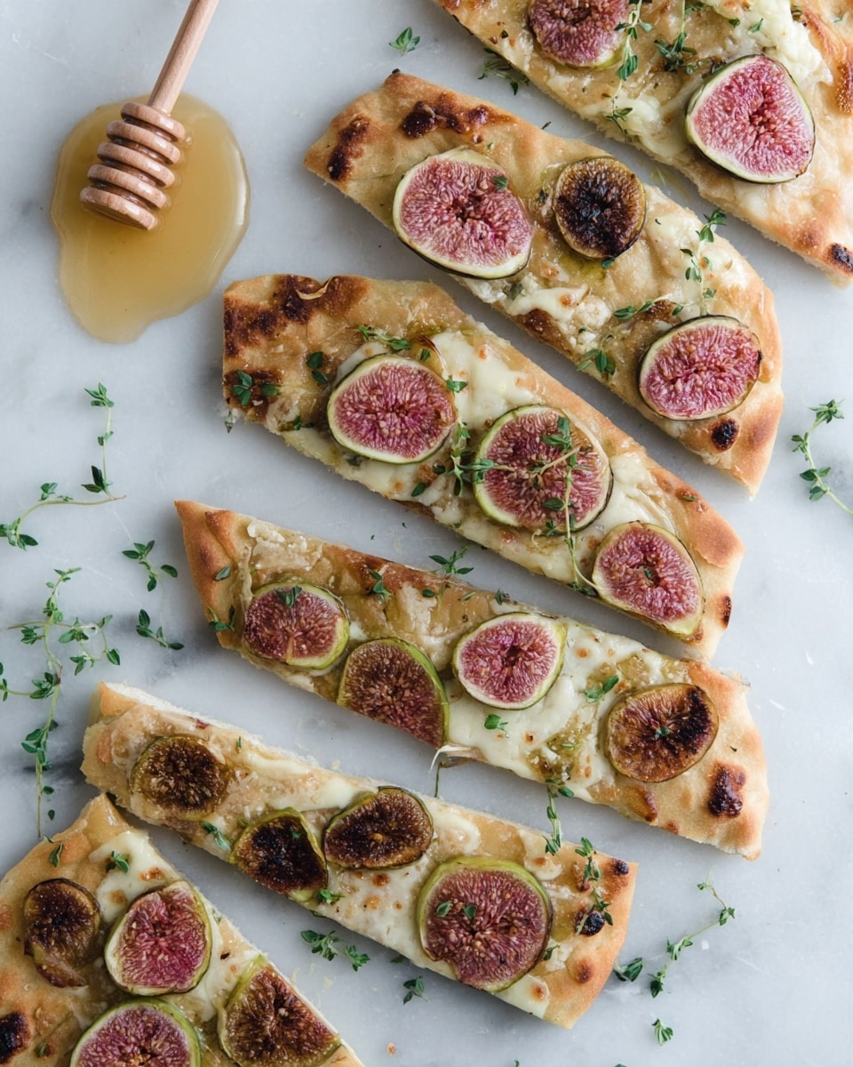 The image shows a flatbread cut into five long, narrow strips arranged on a white marbled surface. Each strip has a golden-brown crust with melted cheese covering the top. On the cheese layer, there are halved fresh figs, showing their pink and red insides with a green outer edge. Small green herb leaves are sprinkled over the figs and cheese. To the left of the flatbread strips, there is a pool of light honey with a wooden honey dipper resting in it. The overall look is rustic and fresh. photo taken with an iphone --ar 4:5 --v 7