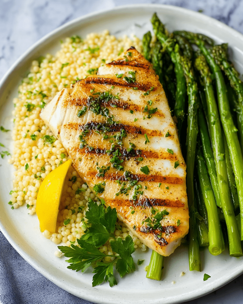 The image shows a plate with five grilled fish fillets stacked in layers. The top fillet is golden brown with grill marks and sprinkled with chopped green herbs. The fillets beneath also show grill marks and herbs, with light white and golden colors. There are bright yellow lemon wedges placed around the fish. Fresh green parsley sprigs decorate the plate, which is white with a thin dark rim. The background is a white marbled surface with a blue and white checkered cloth partially visible. Photo taken with an iphone --ar 4:5 --v 7