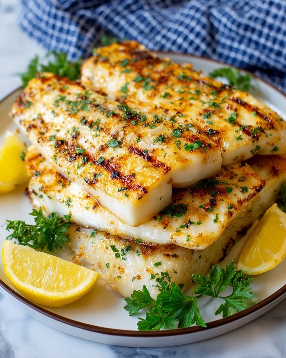 The dish shows a white plate with a large piece of grilled fish placed in the center, marked with brown grill lines and lightly sprinkled with green herbs. Beneath the fish, there is a layer of light yellow couscous with a slightly glossy texture and small green herb bits mixed in. On the right side of the plate, a bunch of bright green steamed asparagus is arranged neatly with a small wedge of yellow lemon and a sprig of fresh green parsley resting between the fish and asparagus. The whole plate sits on a white marbled texture surface. photo taken with an iphone --ar 4:5 --v 7