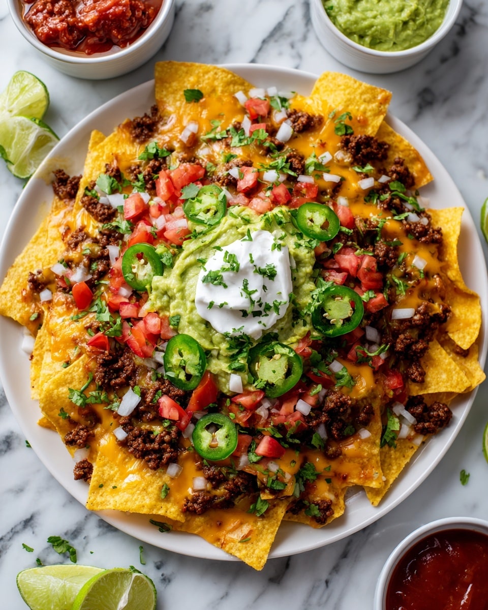 A plate filled with layered nachos starts with a base of crispy yellow tortilla chips. On top of the chips is a generous layer of cooked ground beef mixed with melted yellow cheese, creating a rich and gooey texture. There are fresh slices of green jalapeño peppers scattered across the dish, adding bright color and mild heat. Diced red tomatoes and purple onions are sprinkled evenly, along with chopped green cilantro for freshness. Two large dollops of smooth, bright green guacamole sit on the side, and a big spoonful of creamy white sour cream is placed nearby, topped with a few small green herb pieces. A close-up shows a woman’s hand lifting a chip loaded with beef, cheese stretching as it pulls away. The whole scene is set against a white marbled surface with additional bowls of guacamole and red salsa blurred in the background. Photo taken with an iphone --ar 4:5 --v 7