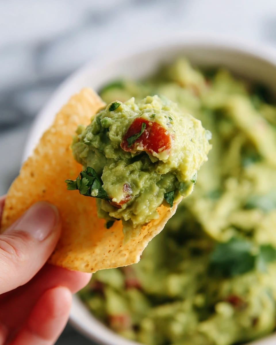 A close-up view of a light yellow tortilla chip held by a woman's hand, topped with a scoop of chunky green guacamole. The guacamole has visible pieces of red tomato and dark green cilantro mixed in. In the blurred background, a white bowl filled with more guacamole is partly visible, all set against a white marbled texture. photo taken with an iphone --ar 4:5 --v 7