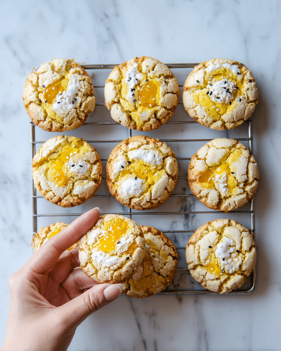The image shows eight small round baked cookies with a cracked texture, cooling on a silver wire rack placed on top of a white marbled surface. Each cookie has a swirl of bright yellow and white dough creating a marbled effect, with small chunks of orange fruit embedded mostly on the upper layers. On several cookies, there are scattered black sesame seeds and some white yogurt-like drizzle on the surface. One cookie at the bottom right is being held by a woman's hand, showing its soft, slightly puffy texture and uneven edges. Photo taken with an iphone --ar 4:5 --v 7