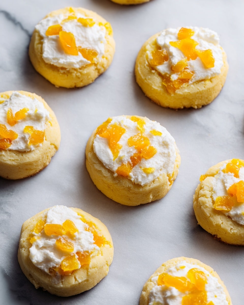 The image shows eight small, round, uncooked cookies placed on parchment paper over a white marbled surface. Each cookie has two visible layers: a smooth yellow layer at the bottom mixed slightly with a fluffy white layer on top, creating a marbled effect. On the upper surface of each cookie, there are small, uneven pieces of bright orange fruit or topping scattered in the center. The cookies are spaced evenly apart and have a soft, slightly wet texture before baking. Photo taken with an iphone --ar 4:5 --v 7