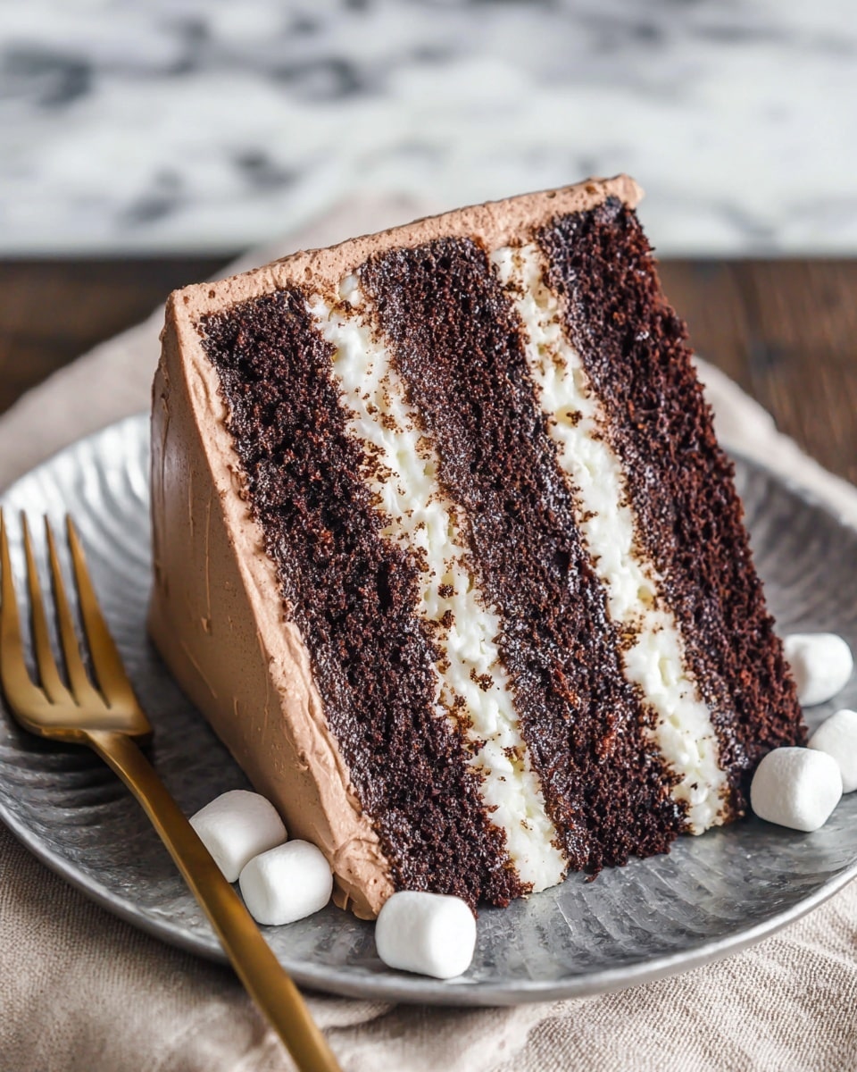 A two-layer cake sits on a white plate with white marbled texture under it; the bottom layer is covered in smooth light brown frosting. On top of the cake, there is a thick layer of white glaze that drips down the sides unevenly. Surrounding the top edge of the cake is a ring of small white marshmallows, with some larger marshmallows mixed in. At the base of the cake, there is another scattered border of the same small and large white marshmallows. The top center of the cake is left smooth and bare, showing the white glaze layer. photo taken with an iphone --ar 4:5 --v 7