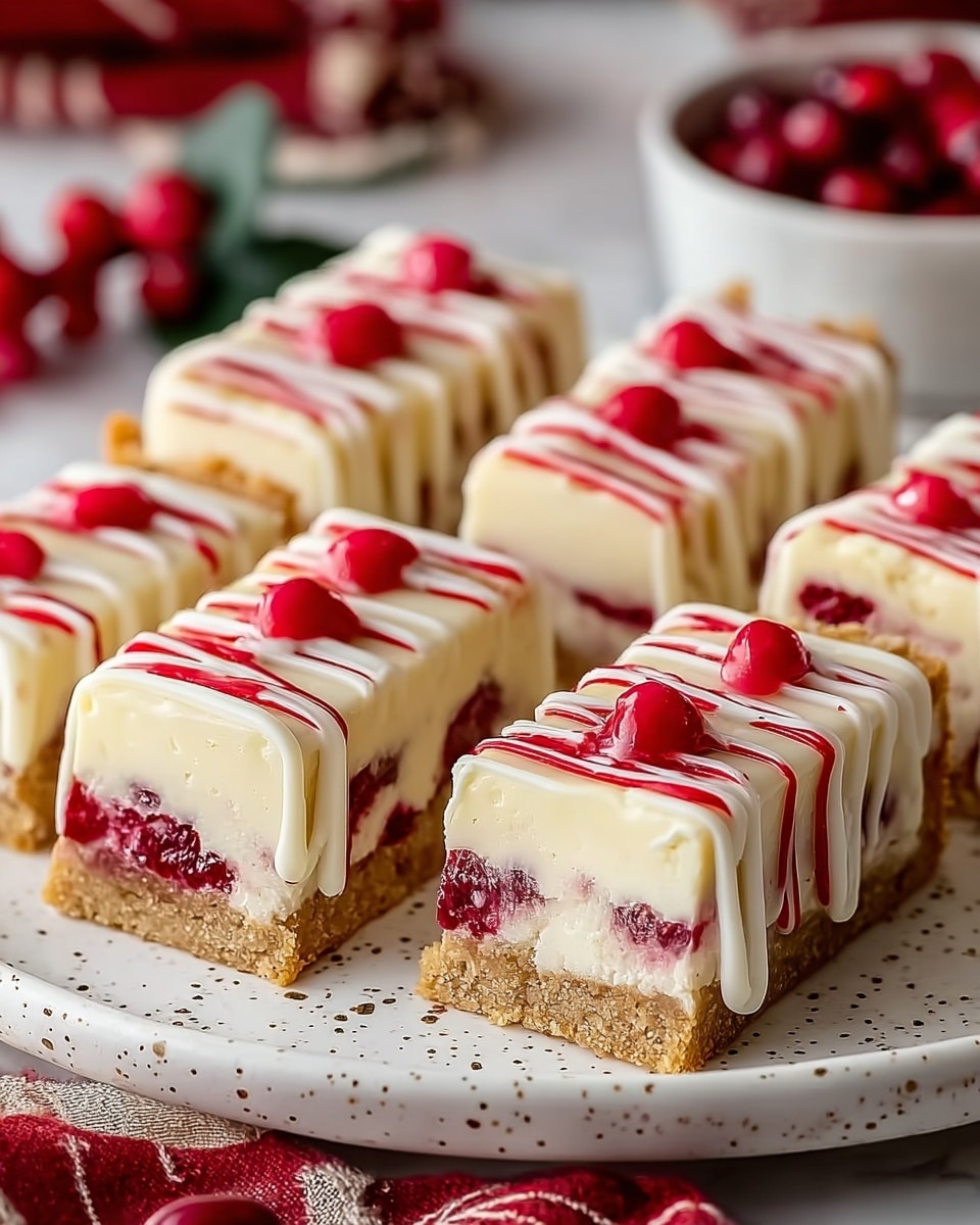 The image shows six rectangular dessert bars arranged neatly on a white plate with a speckled pattern. Each bar has three visible layers: a golden brown crust at the bottom, a thick middle layer of creamy white filling mixed with red berry pieces, and a light golden top crust with slits exposing the filling. The bars are drizzled with white icing that drips down the sides, and decorated with thin lines of bright red icing and small red berry drops on top. The scene includes red and white cloth and red berry decorations in the blurred background on a white marbled surface. photo taken with an iphone --ar 4:5 --v 7