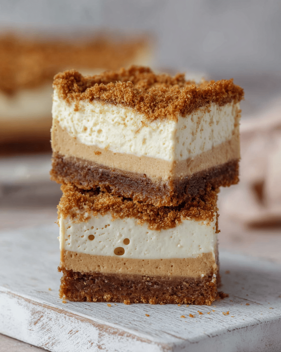 The image shows two stacked pieces of cheesecake on a white wooden board against a softly blurred background. Each piece has four layers: the bottom layer is a dense, crumbly, dark brown crust; above it is a thick, light brown creamy cheesecake layer with a smooth texture; on top of that is a thin, white cream layer; and the top layer is a crumbly, golden brown topping that covers the cream completely. The top piece is slightly tilted, revealing the creamy layers inside with small air bubbles. Photo taken with an iphone --ar 4:5 --v 7