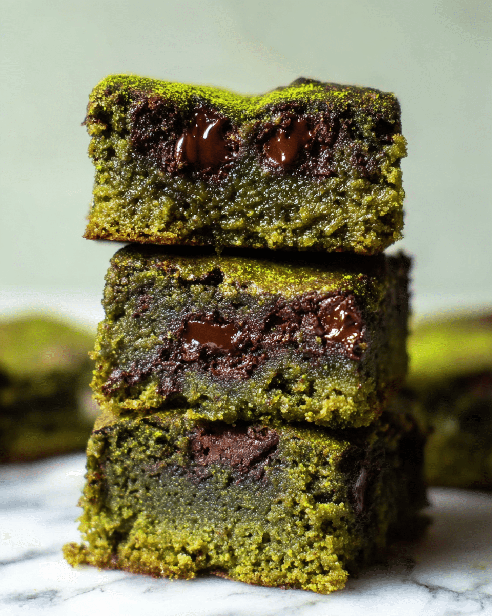 A stack of three square matcha brownies is shown up close, each piece with a dense, moist green texture mixed with dark chocolate chunks inside. The top brownie has a glossy, melted chocolate layer near the middle, slightly oozing out. The sides show the uneven crumbly edges of the brownies. The background is a soft white marbled texture and the image focuses on the rich green and dark brown colors of the brownies. photo taken with an iphone --ar 4:5 --v 7