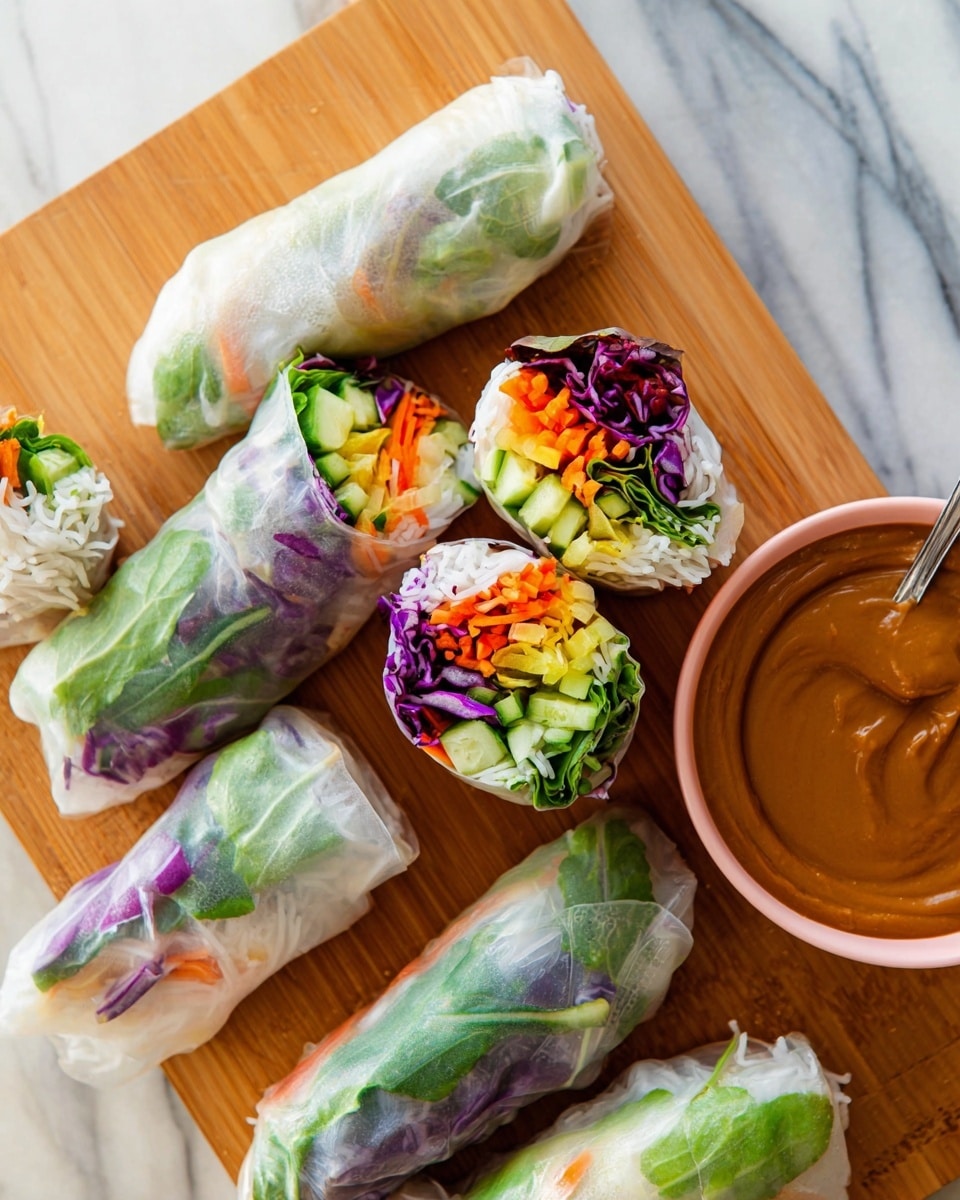 The image shows ten fresh spring rolls wrapped in translucent rice paper, arranged on a wooden board placed on a white marbled surface. Inside the rolls, vibrant layers of green leafy herbs, thin orange carrot strips, purple cabbage, and white rice noodles create a colorful and textured look. One spring roll is cut in half, revealing these layers with a smooth, light brown dipping sauce slightly oozing from the cut end. To the left, there is a white plate holding a spoon with more of the brown sauce and some fresh green herbs. A small part of a bowl with additional sauce is visible at the bottom right corner. The photo has bright natural lighting and a clean, fresh feel. photo taken with an iphone --ar 4:5 --v 7