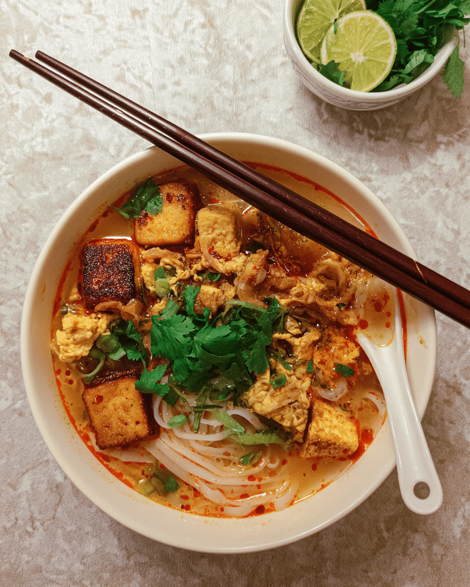 A white bowl filled with a noodle soup dish, showing three main layers: at the bottom are white rice noodles submerged in a light reddish broth, the middle layer has golden-brown fried tofu pieces and crumbled cooked eggs scattered throughout, and the top layer is garnished with fresh green cilantro and thin light green onion slices. The soup has hints of red oil floating on the surface. A pair of dark brown chopsticks rest across the bowl's top edge, and a white soup spoon is placed beside the bowl. In the background, a small white bowl contains fresh green herbs and a lime wedge, all set on a white marbled textured surface. Photo taken with an iphone --ar 4:5 --v 7