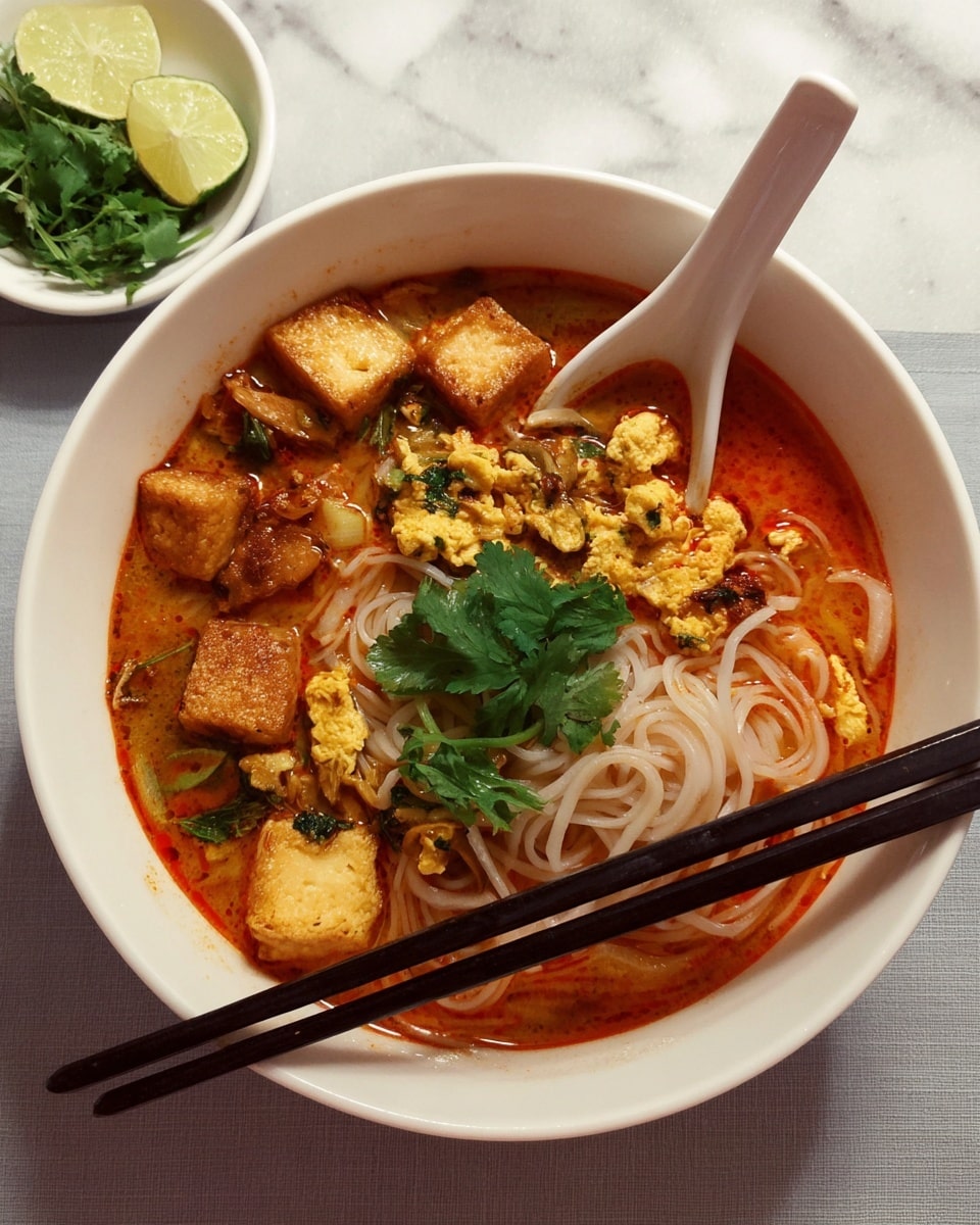 A white bowl filled with a rich, reddish-orange broth holds several layers: a base of thin white noodles at the bottom, chunks of golden-brown fried tofu sitting on the surface, and scattered pieces of scrambled yellow egg mixed with green herbs. On top, there are fresh green cilantro leaves and translucent slices of white onion. Resting across the bowl are a pair of black chopsticks, and beside the bowl, a white spoon lies on a white marbled surface. In the background, a small white bowl contains sliced lime and fresh green herbs. Photo taken with an iphone --ar 4:5 --v 7