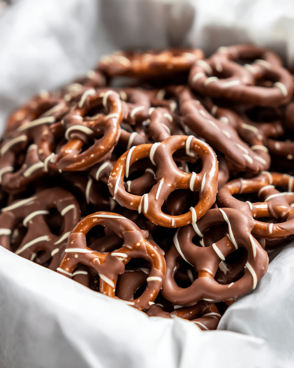 The image shows a close-up of many chocolate-covered pretzels piled inside a white paper-lined container. The pretzels are mostly coated in smooth milk chocolate, giving them a shiny, rich brown color. Some pretzels have an added decoration of thin white chocolate lines drizzled over the top, creating a contrast against the milk chocolate base. The pretzels are intertwined and layered unevenly, filling the container fully. The background and surface have a white marbled texture, adding a clean and bright look to the scene. photo taken with an iphone --ar 4:5 --v 7