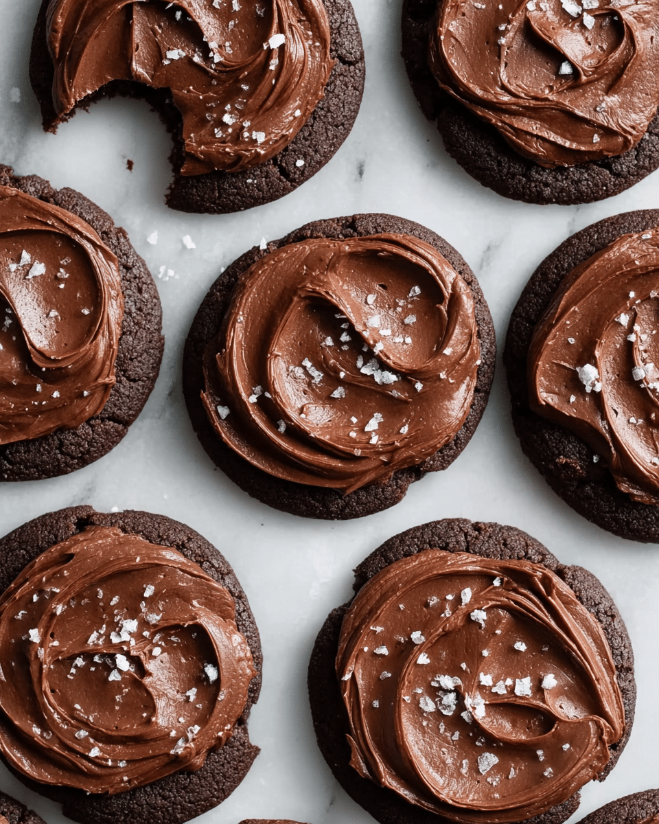 Several round chocolate cookies are laid out on a white marbled surface, each topped with a thick layer of smooth, shiny chocolate frosting spread in swirled patterns. The cookies are dark brown, almost black, with the rich brown frosting contrasting against them. Small flakes of sea salt are sprinkled unevenly over the frosting, adding texture and a touch of brightness. One cookie near the top left has a bite taken out of it, showing the dense chocolate inside. The scene shows no containers or additional objects. Photo taken with an iphone --ar 4:5 --v 7