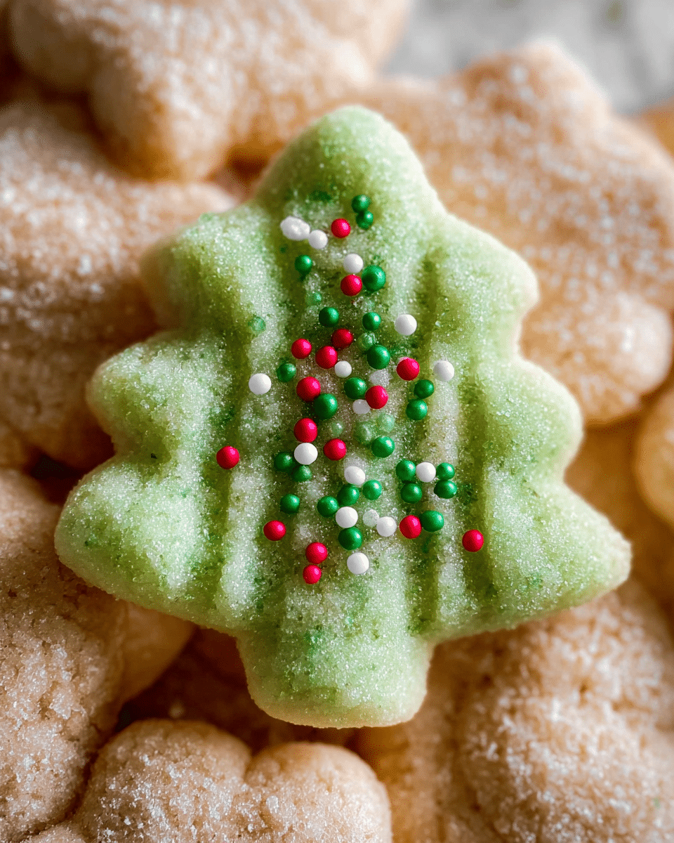 A close-up photo shows a small green cookie shaped like a Christmas tree, decorated with tiny red, green, and white round sprinkles scattered over its surface. The cookie has a smooth texture with gentle ridges forming the tree shape. It rests on a pile of light brown sugar-coated cookies with a grainy texture. The background is a white marbled surface. photo taken with an iphone --ar 4:5 --v 7