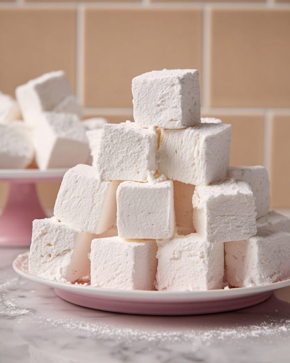 A pile of white marshmallow cubes stacked in multiple layers on a white plate with a pink base, showing soft, powdery texture with slight uneven edges. Another plate with similar marshmallows is blurred in the background. The scene is set on a white marbled surface with a soft beige tiled backdrop. photo taken with an iphone --ar 4:5 --v 7