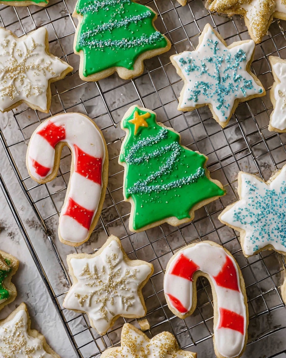 A variety of Christmas-themed sugar cookies arranged on a metal cooling rack with a white marbled background visible underneath. There are white snowflake-shaped cookies with smooth white icing and small white sugar crystals sprinkled on top, giving a frosty texture. Green Christmas tree-shaped cookies have smooth green icing with a small yellow star at the top; some are decorated with blue sugar sprinkles for sparkle. Candy cane-shaped cookies have alternating red and white stripes with glossy icing. Star-shaped cookies are covered in white icing and topped with golden sugar crystals, adding a shiny, festive touch. The cookies are evenly spaced, showing their crisp edges and vibrant colors with a cozy, homemade feel. Photo taken with an iphone --ar 4:5 --v 7