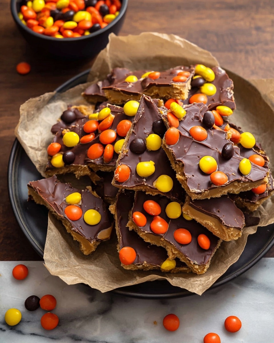 A black round plate lined with brown parchment paper holds many irregular pieces of chocolate peanut butter bark arranged in a pile. Each piece has three visible layers: a rough light tan base, a smooth dark brown chocolate layer on top, and colorful candy-coated chocolate pieces scattered over the surface in orange, yellow, and dark brown. The plate is set on a white marbled surface with a small black bowl filled with matching candies nearby, some candies scattered around. photo taken with an iphone --ar 4:5 --v 7