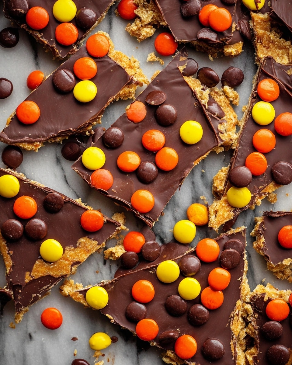 The image shows many broken pieces of a three-layer sweet treat spread out on a white marbled surface. The bottom layer is a light brown, crumbly base with a rough texture. The middle layer is a smooth, glossy dark chocolate that covers the base evenly. On top of the chocolate layer, there are scattered round candy pieces in bright colors of orange, yellow, and dark brown, adding a playful look. The pieces vary in size and shape, and some whole candy pieces are also spread around the broken layers. photo taken with an iphone --ar 4:5 --v 7