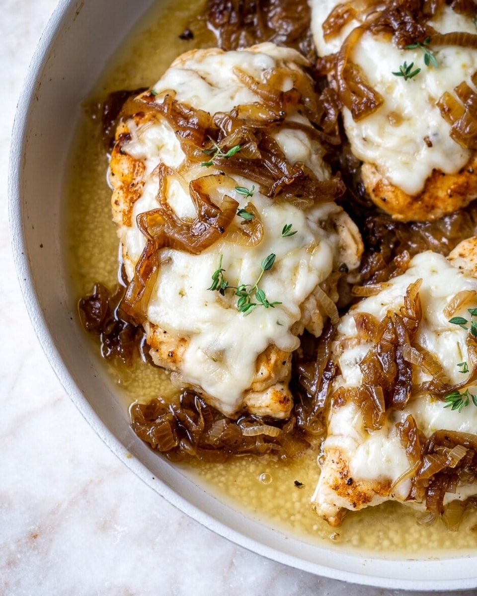The image shows four pieces of cooked chicken breasts in a white pan filled with light yellow butter sauce. Each chicken piece is golden brown, topped with a layer of soft caramelized brown onions and melted white cheese sprinkled with small green herbs. The chicken looks juicy and tender, and the butter sauce has a smooth, slightly oily texture surrounding the chicken. The background is a white marbled texture with some sprigs of fresh herbs near the pan handle. photo taken with an iphone --ar 4:5 --v 7