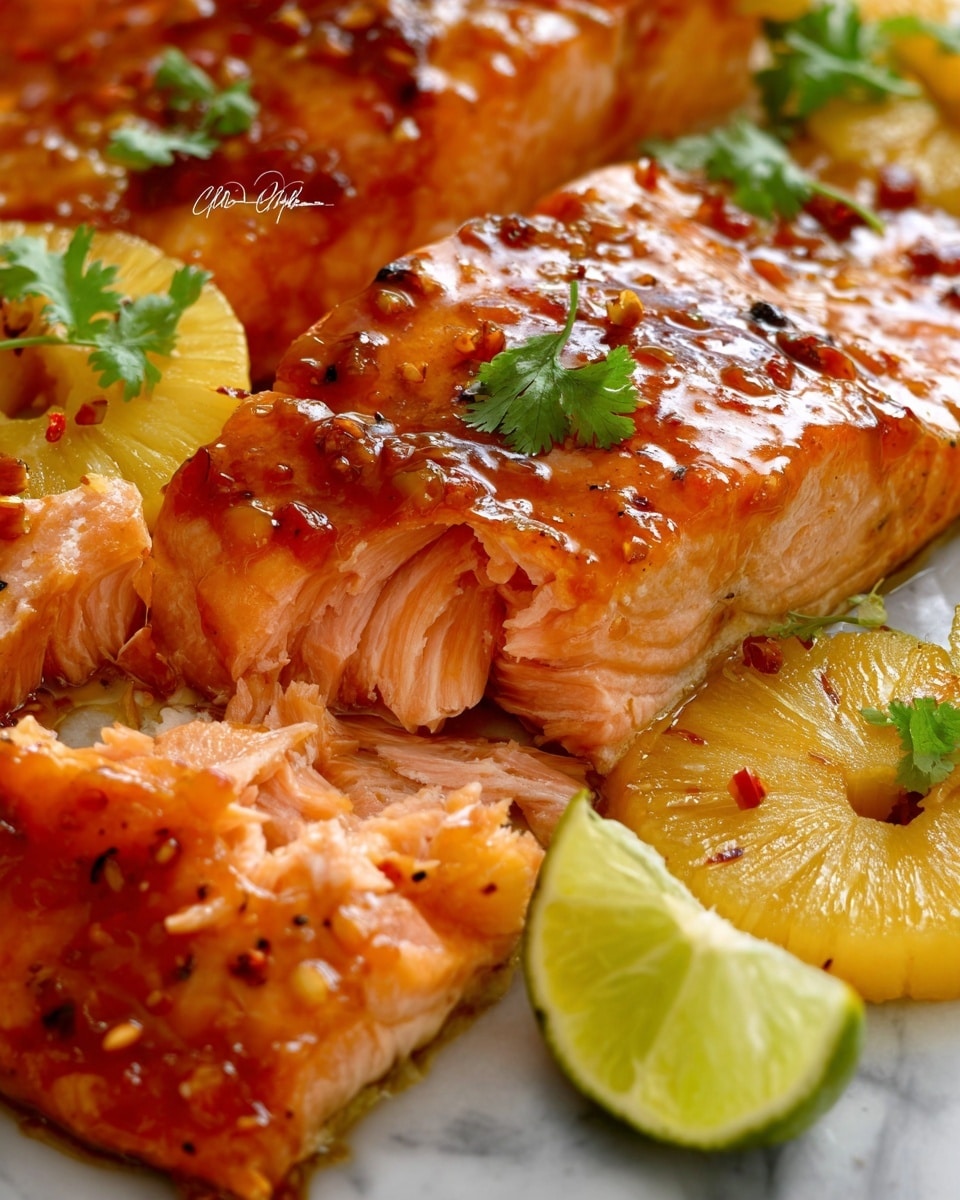 The image shows cooked salmon pieces with a shiny, sticky orange-brown glaze on top, revealing soft, flaky pale pink fish layers inside. The glaze has a slightly textured surface with small black pepper bits. Around the salmon, there are bright yellow pineapple slices with a juicy, glossy look, and thin lime slices with a light green peel and translucent, juicy inside. Small green cilantro leaves are placed on the salmon, adding fresh color. The dish is set on a white marbled surface. photo taken with an iphone --ar 4:5 --v 7