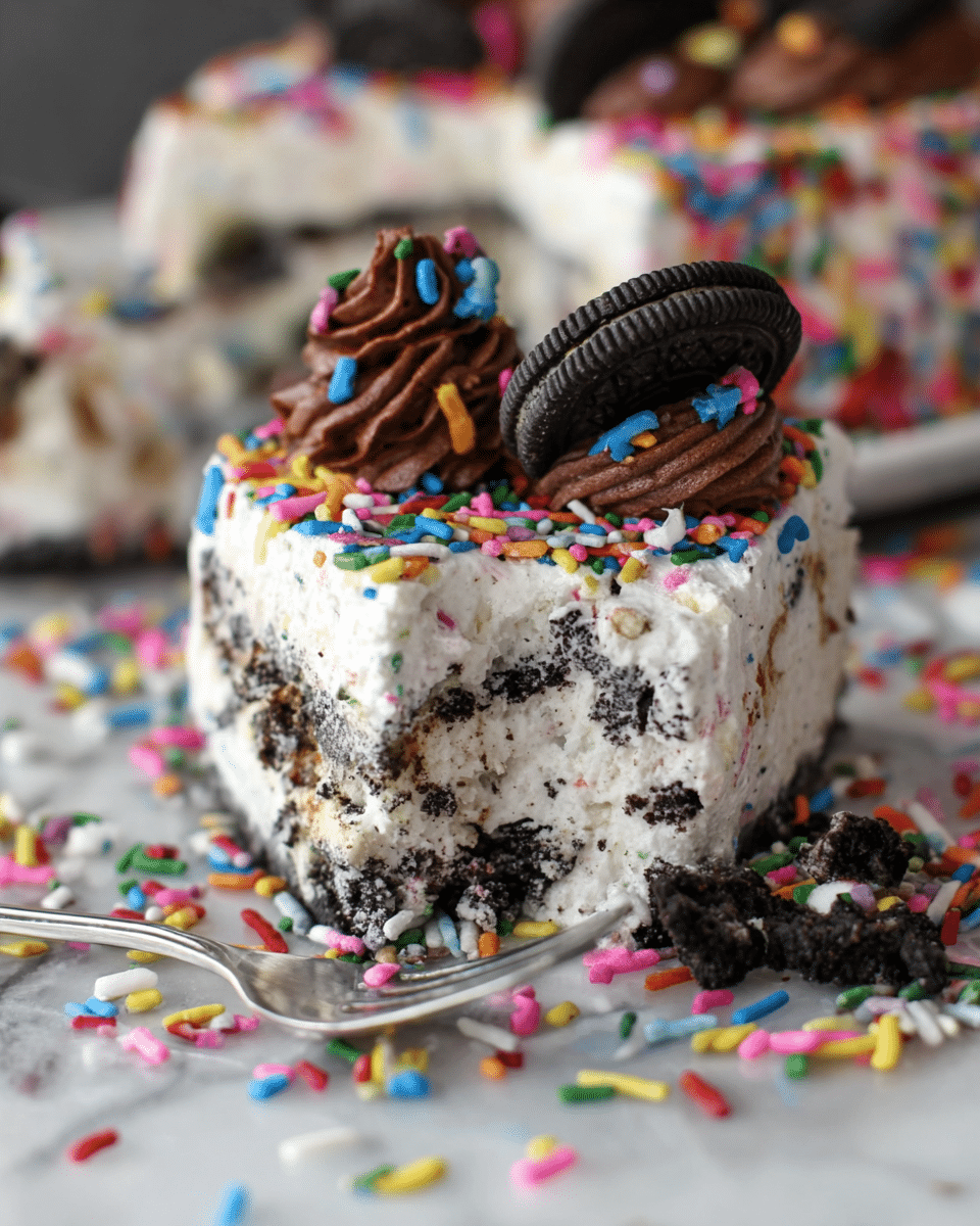 The image shows a close-up of a slice of cookies and cream ice cream cake on a white marbled surface, covered in many colorful sprinkles. The cake has multiple layers: a base layer with chunks of dark chocolate cookies mixed in white ice cream, a middle layer of more cookies in white ice cream, and the top layer coated with white ice cream and more sprinkles. On top, there are two swirls of rich, dark chocolate frosting decorated with more colorful sprinkles, and an Oreo cookie is placed upright near the edge of the slice. A silver fork is placed next to the slice, partially buried in the sprinkles. photo taken with an iphone --ar 4:5 --v 7
