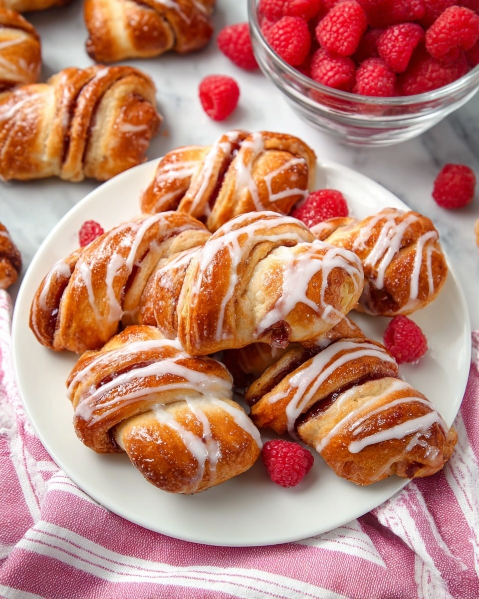 The image shows several twisted pastries with a golden-brown crust, each with visible layers of dough twisted to reveal a glossy red jam filling inside. A white glaze is drizzled in thin stripes over the top of each pastry, adding a shiny texture contrast. The pastries rest on light parchment paper that covers a white marbled surface. A small clear glass bowl filled with bright red raspberries sits among the pastries, adding a fresh and vibrant color contrast. In the background, more pastries are stacked on a white plate, slightly blurred to keep focus on the front ones. photo taken with an iphone --ar 4:5 --v 7