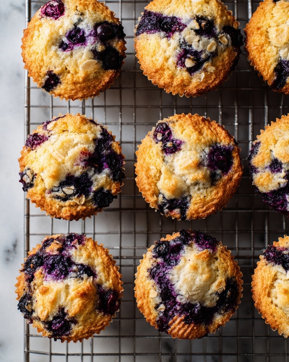 The image shows several blueberry muffins cooling on a metal rack. Each muffin has a golden brown top with a slightly rough texture, studded with dark purple blueberries that have burst, creating deep purple patches. Light beige oats sprinkle across the tops, adding texture contrast. The muffins are arranged in neat rows, with the metal rack's grid pattern visible underneath. The background shows a white marbled texture softly blurred behind the rack. photo taken with an iphone --ar 4:5 --v 7
