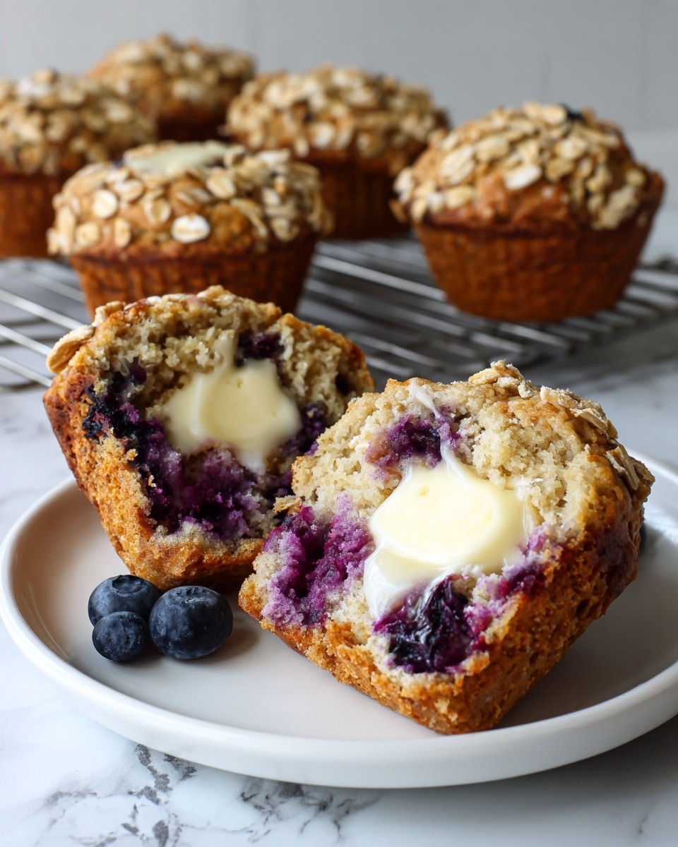 The image shows a close-up view of a blueberry muffin cut in half on a simple white plate placed on a white marbled surface. Each muffin half reveals a soft, crumbly golden-brown inside filled with bright purple blueberries, and both halves have a layer of melted creamy butter on top. Above the plate, whole blueberry muffins with a rough golden crust and oat flakes scattered on top sit on a metal cooling rack, emphasizing the texture contrast between the crunchy outside and soft inside of the muffins. Photo taken with an iphone --ar 4:5 --v 7
