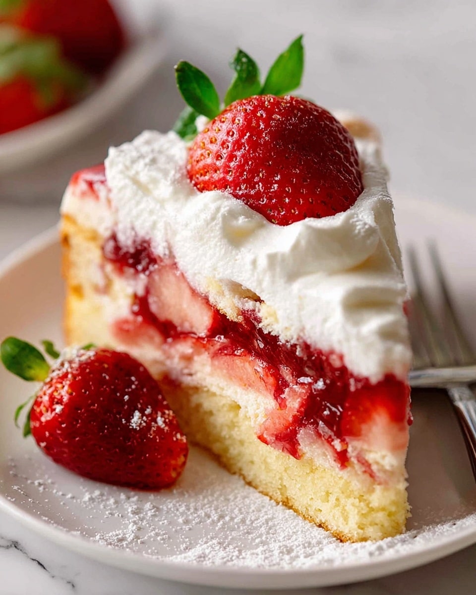 A slice of strawberry cake with three visible layers sits on a white plate with a fork beside it. The bottom layer is a light yellow sponge cake, soft in texture with bits of strawberries baked inside. The middle layer has bright red strawberry pieces embedded in a slightly translucent, glossy jelly. The top layer is white whipped cream, thick and fluffy, crowned with a whole red strawberry that has small seeds and a fresh green leafy top. Another fresh strawberry lays beside the slice, with scattered powdered sugar dusting the cake and plate. The background shows a white marbled texture. photo taken with an iphone --ar 4:5 --v 7