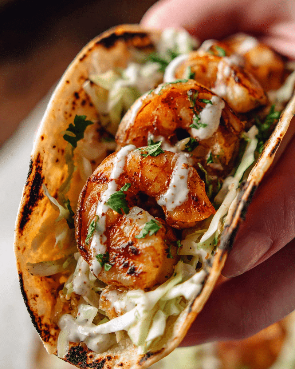 The image shows four grilled shrimp tacos arranged in a white dish lined with parchment paper. Each taco has two layers of slightly charred white tortillas as the base, filled with a layer of shredded light green cabbage and white sauce drizzled on top. Generous, well-seasoned grilled shrimp with a reddish-brown color cover the cabbage, and the shrimp are garnished with small green herbs. At the top of the image, two thick lime wedges with bright green skin and pale green flesh are placed to add a fresh touch. The background is a white marbled texture. photo taken with an iphone --ar 4:5 --v 7