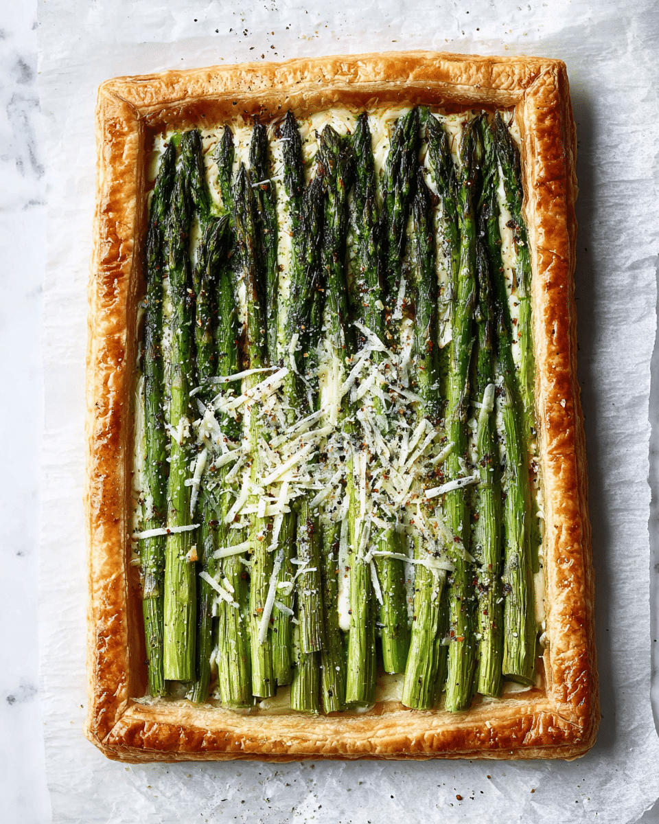 A rectangular tart with a golden, flaky puff pastry crust thickly bordering the edges, filled with tightly packed, parallel green asparagus stalks that are bright and slightly roasted. The asparagus lies on a creamy, white base with a sprinkling of shredded pale cheese and a fine dusting of grated cheese and black pepper, adding texture and color contrast. The tart rests on white parchment paper placed over a white marbled surface, highlighting the vibrant green and golden tones. photo taken with an iphone --ar 4:5 --v 7