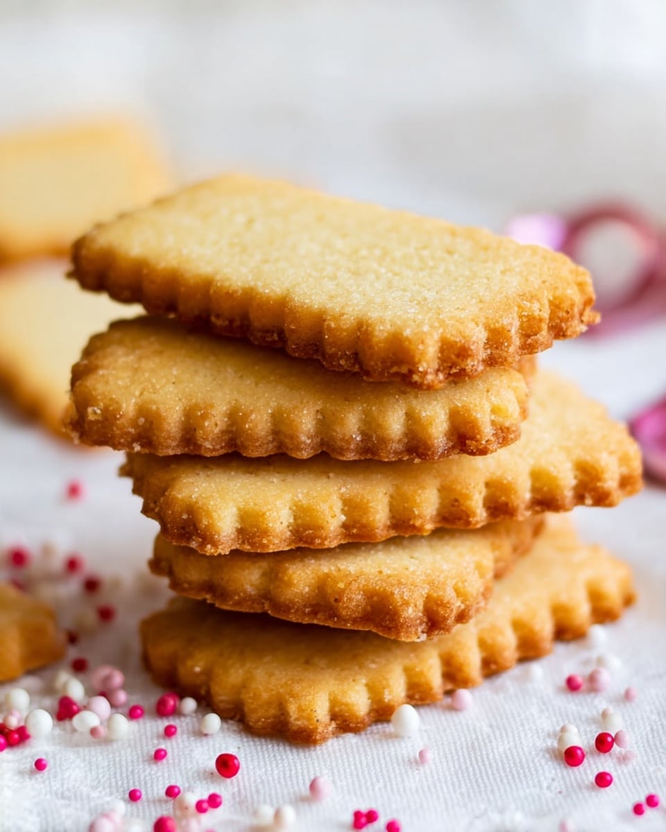 A stack of five golden brown rectangular cookies with scalloped edges is placed on a white marbled surface. The cookies have a slightly crumbly texture with light browning around the edges. Around the base of the stack are small round sprinkles in white, pink, and red colors scattered on a white cloth. The scene is softly lit, showing the crispiness of the cookies. photo taken with an iphone --ar 4:5 --v 7