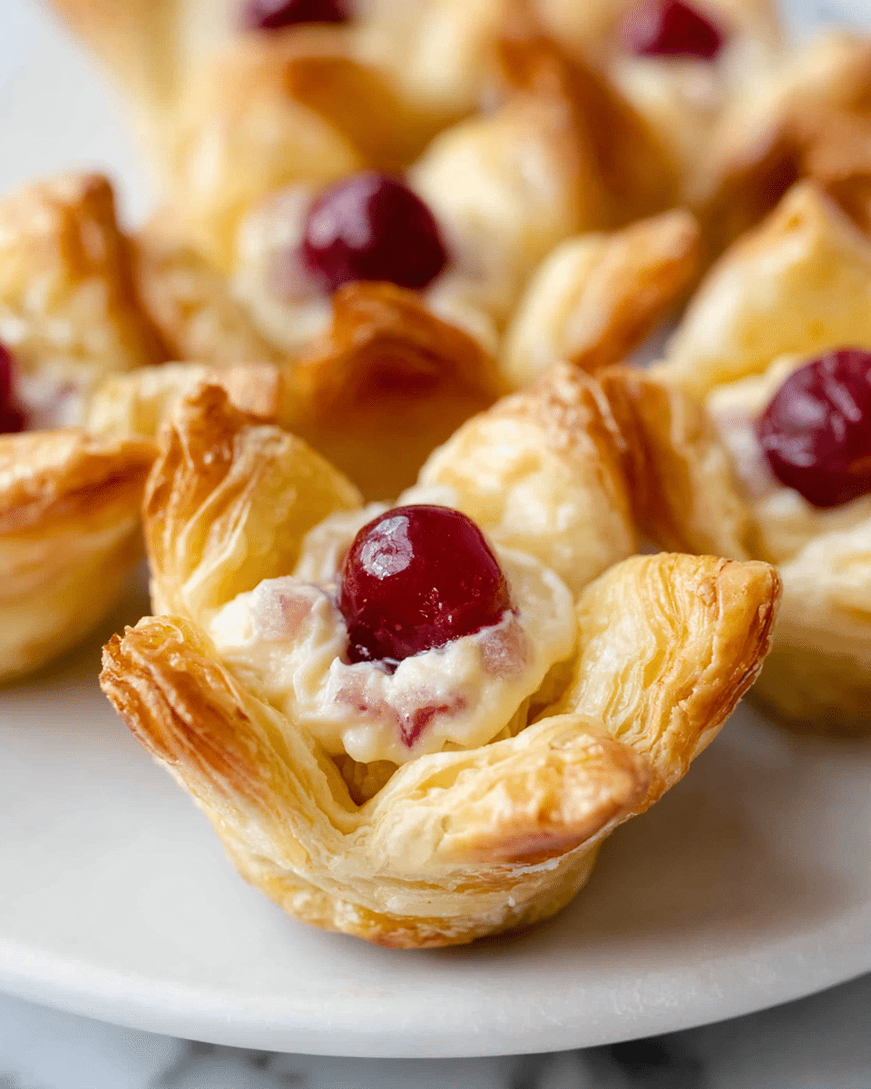 The image shows small pastry cups with a golden, flaky crust forming the outer layer, shaped like flower petals folding upwards. Inside each cup, there is a creamy light beige filling with visible soft, slightly chunky texture. On top of each filling, there is a shiny, deep red cherry placed in the center, adding a bright color contrast. The pastries are arranged on a white plate, resting on a white marbled surface. The scene is close-up, focusing on the details of the puff pastry’s layers and the glossy cherry topping. Photo taken with an iphone --ar 4:5 --v 7