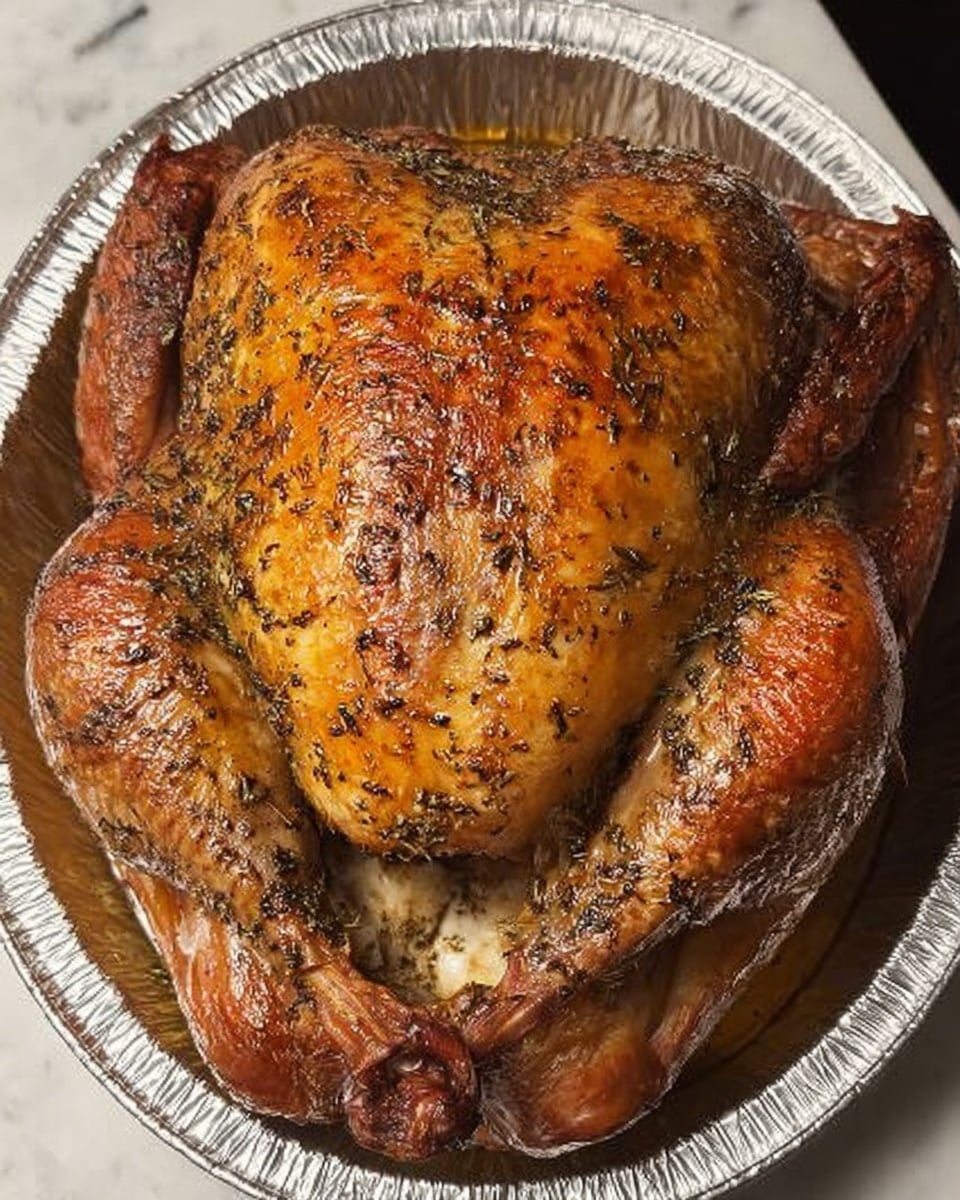 A whole roasted turkey with a golden brown crispy skin sits in a round aluminum tray. The skin is coated evenly with herbs and black pepper, showing a textured and slightly shiny surface from the roasting. The turkey is fully cooked with browned wings and drumsticks tucked close to the body. It is centered in the tray, which is resting on a white marbled surface. photo taken with an iphone --ar 4:5 --v 7