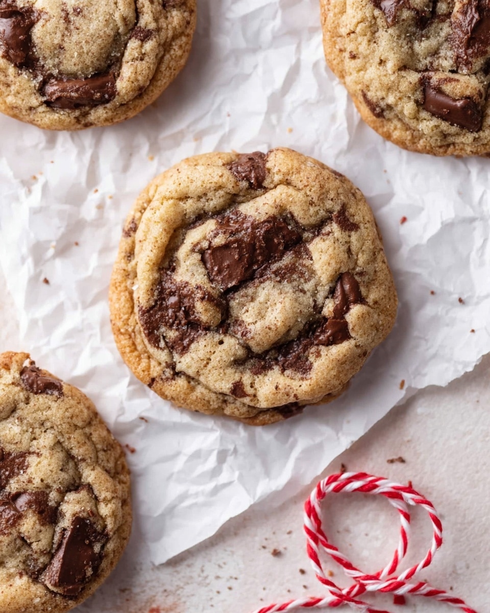 The image shows a close-up of four chocolate chip cookies on crinkled white parchment paper placed on a white marbled surface. The cookies are round with a golden brown color, slightly cracked textures, and visible soft chocolate chips embedded on the top and throughout. The cookies have a soft and chewy appearance with some darker areas where the chocolate has melted. A twisted red and white string is loosely coiled near the bottom right corner of the paper, adding a pop of color to the scene. Photo taken with an iphone --ar 4:5 --v 7