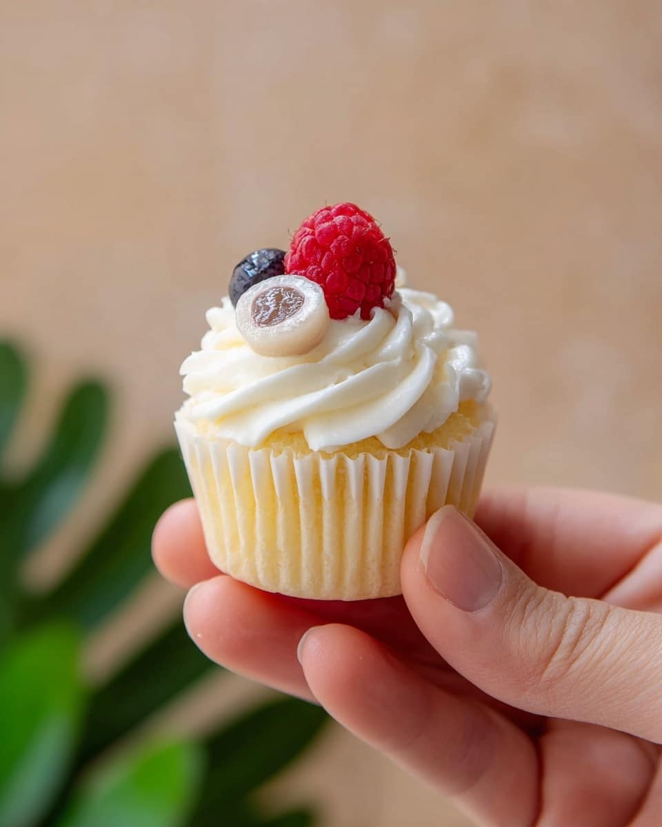A small cupcake is held by a woman's hand, with a soft yellow cake base inside a white paper cup. On top, there is a swirl of white whipped cream serving as the middle layer, decorated with a single red raspberry and a halved blueberry, showing its pale inside and dark skin. The background is blurred with a light beige color, and some green leaves appear faintly at the bottom left corner. Photo taken with an iphone --ar 4:5 --v 7