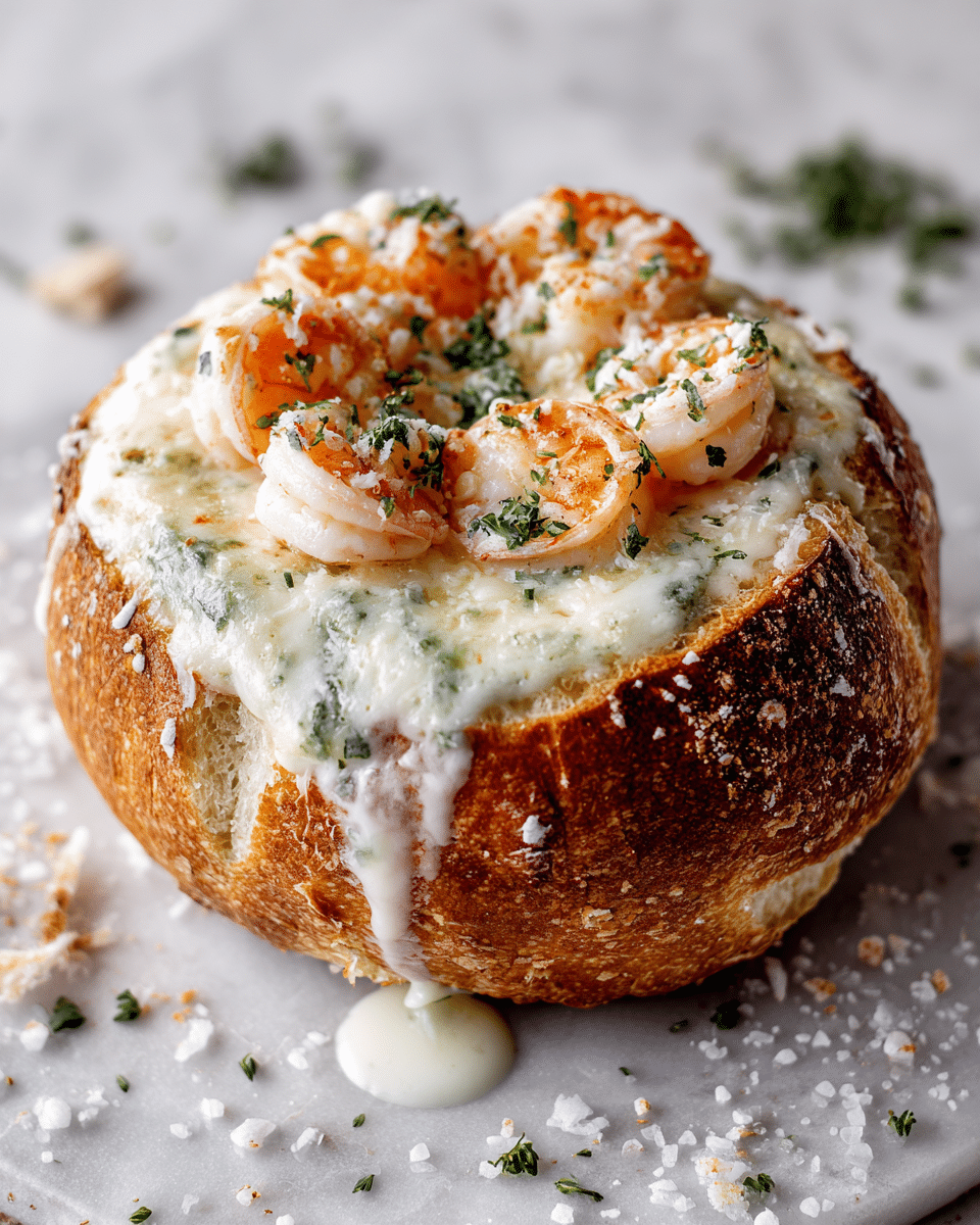 A round crusty bread bowl with a golden-brown textured crust, filled with creamy white cheese sauce mixed with small green herb pieces spread evenly inside. On top, there are several plump pink shrimp with orange edges, coated lightly with melted cheese and sprinkled with green herbs. Some cheese sauce drips down the sides of the bread bowl. The bread bowl sits on white marbled texture with scattered coarse salt and small green herbs around it. Photo taken with an iphone --ar 4:5 --v 7