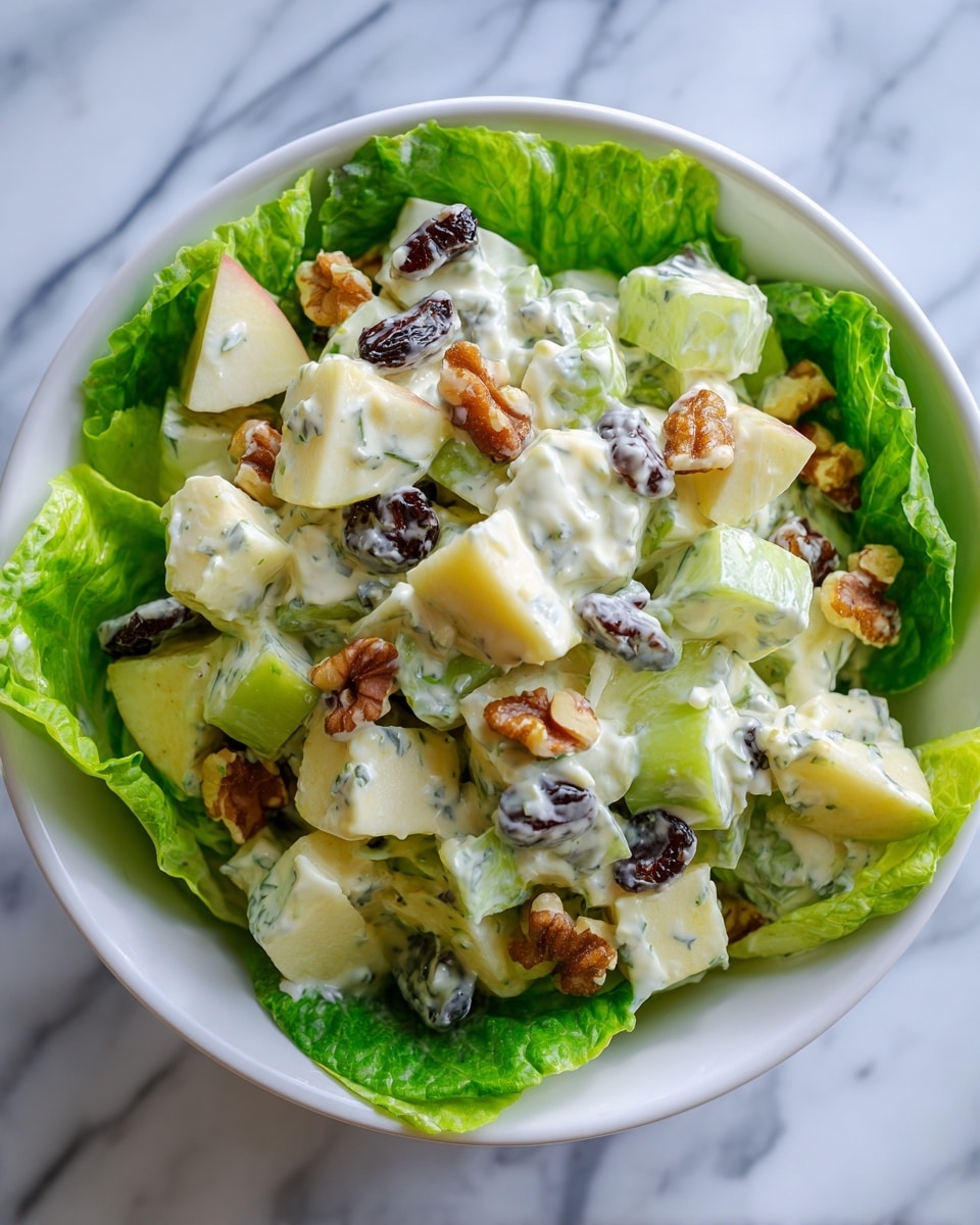 The image shows a close-up of a salad served in a white bowl lined with fresh bright green lettuce leaves. The main part of the salad is a mix of creamy white dressing-coated chunks of pale green celery pieces, light yellow apple cubes, small dark brown raisins, and roughly broken light brown walnut pieces. The textures vary from crisp celery and apple to soft raisins and crunchy nuts, all piled together in the center and surrounded by the leafy border. The background is a white marbled surface. Photo taken with an iphone --ar 4:5 --v 7