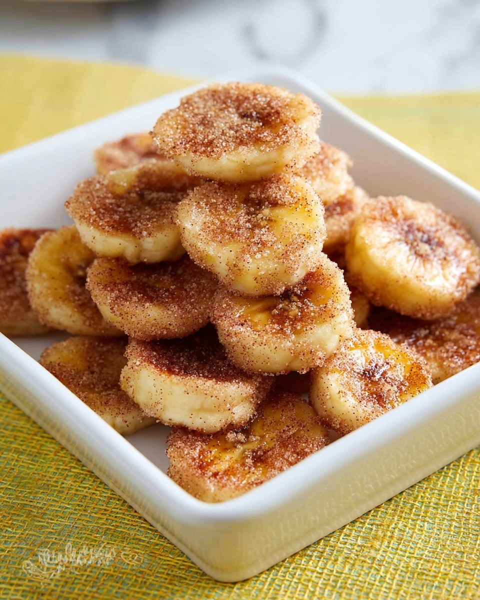 A white rectangular dish holds a pile of small, round slices of fried bananas, stacked in about three to four layers. Each banana piece has a golden-brown crust with a visible sprinkle of cinnamon and sugar creating a bumpy, textured surface. The bananas are light yellow inside, with the crust adding a darker brown shade on top and around the edges. The dish sits on top of a yellow textured cloth, and the background is a soft white marbled texture. Photo taken with an iphone --ar 4:5 --v 7