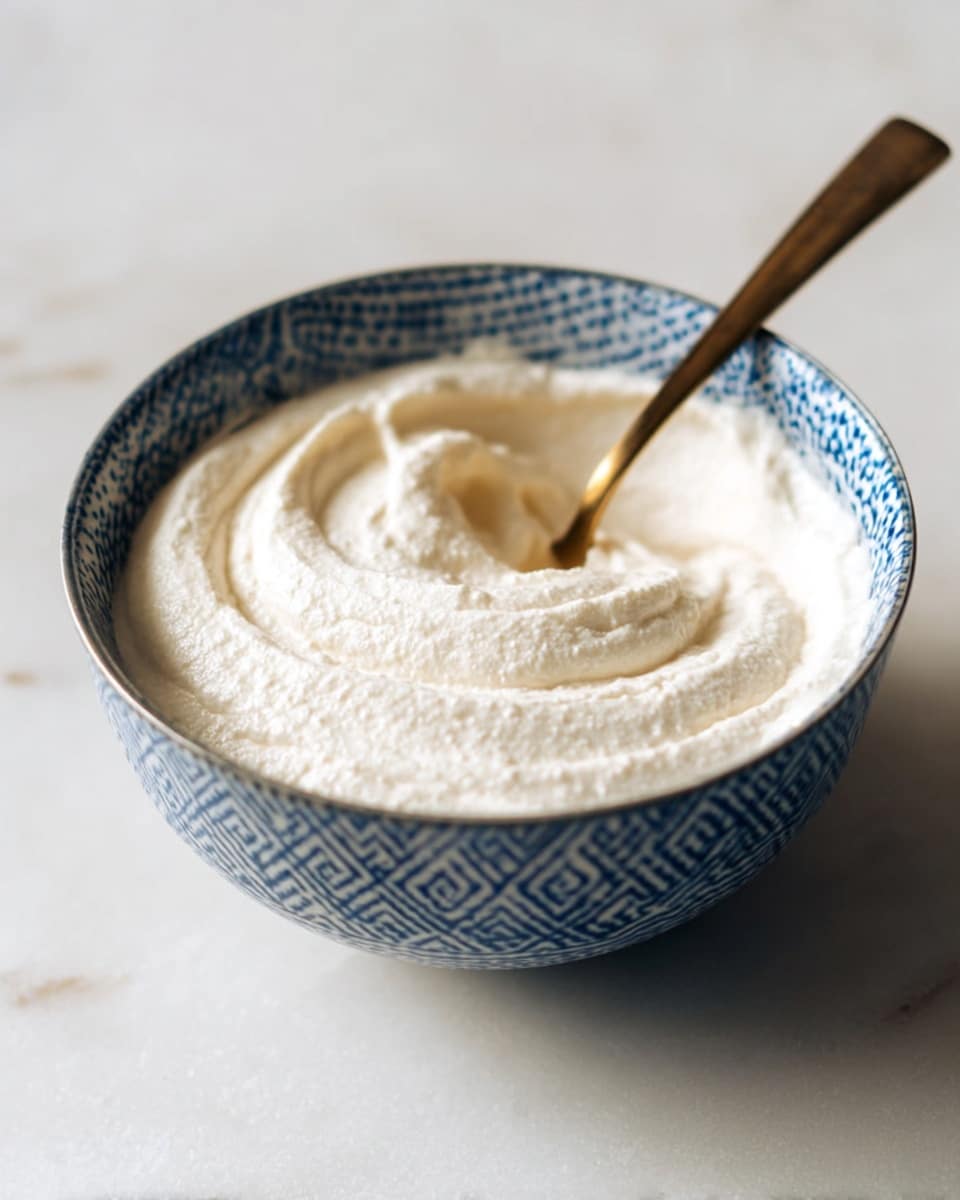 A soft, creamy white mixture with a slightly grainy texture is swirled neatly inside a white bowl with a blue geometric pattern on the outside. A bronze spoon is gently resting on the right side, partially pressed into the mixture, creating curved ridges on its surface. The bowl is set on a white marbled texture surface that adds subtle contrast to the smooth, pale dish inside. photo taken with an iphone --ar 4:5 --v 7