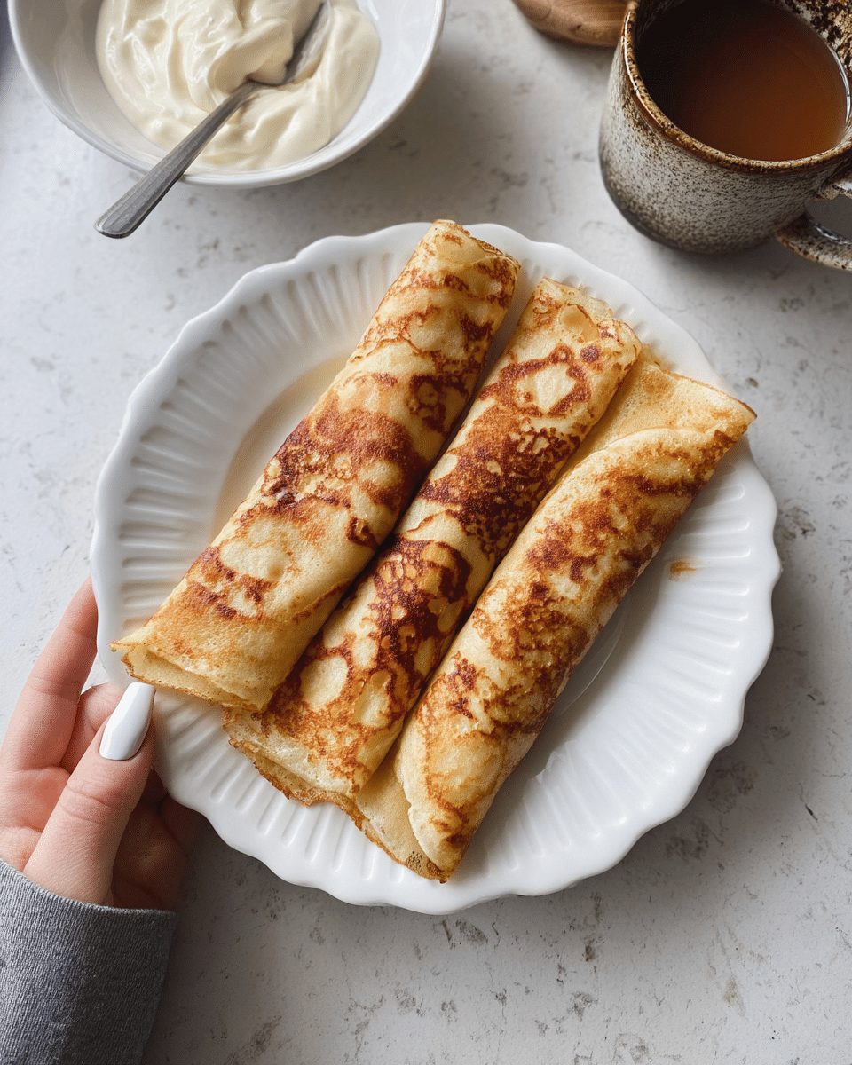 A white plate with fluted edges holds three rolled crepes arranged side by side, each crepe showing a golden-brown cooked pattern with some darker spots, giving a textured and slightly crispy look. The plate is held by a woman's hand with painted white nails, visible near the bottom left corner. In the background, there is a white marbled texture surface with a small white bowl filled with sour cream and a spoon, as well as a partially visible rustic ceramic mug with a dark glaze containing a brown liquid. Photo taken with an iphone --ar 4:5 --v 7